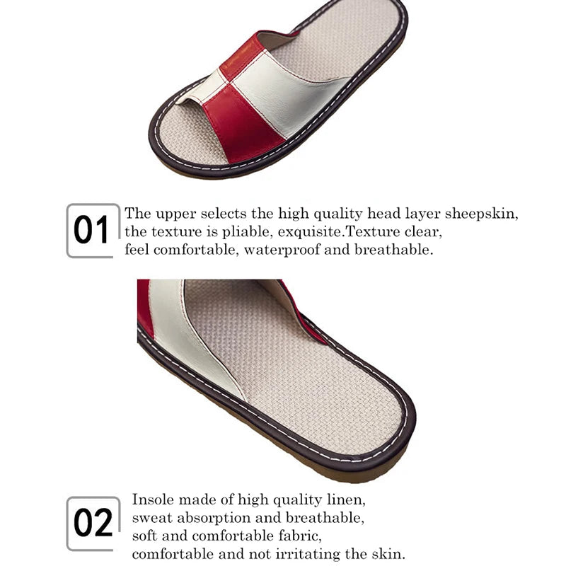 Red Brown Light Luxury Genuine Leather Sheepskin Women's Slippers PVC Rubber Sole Non-Slip Summer Shoes Comfortable Soft Couple Sandals