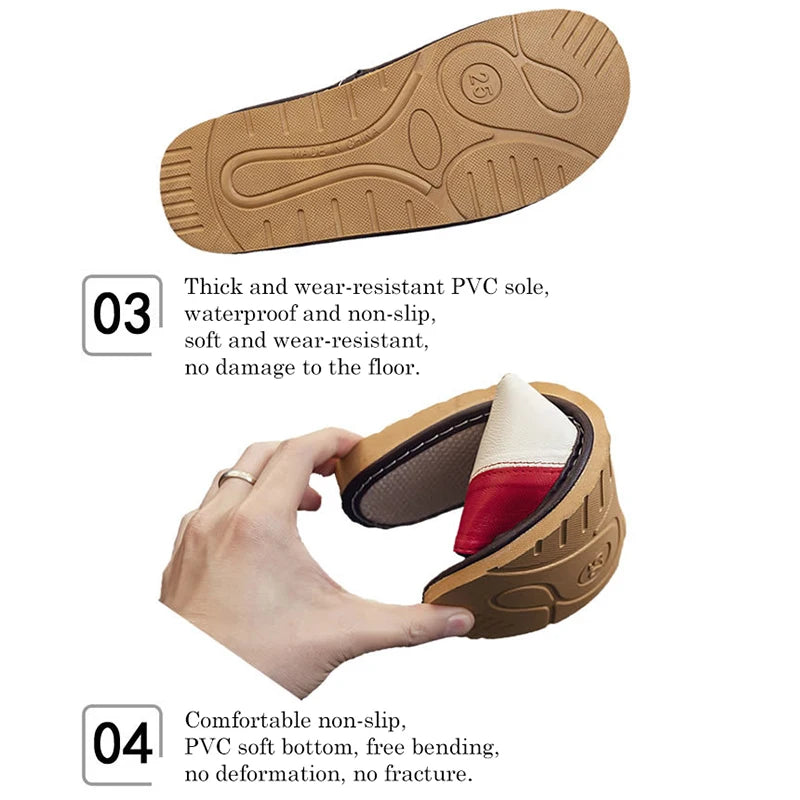 Red Brown Light Luxury Genuine Leather Sheepskin Women's Slippers PVC Rubber Sole Non-Slip Summer Shoes Comfortable Soft Couple Sandals