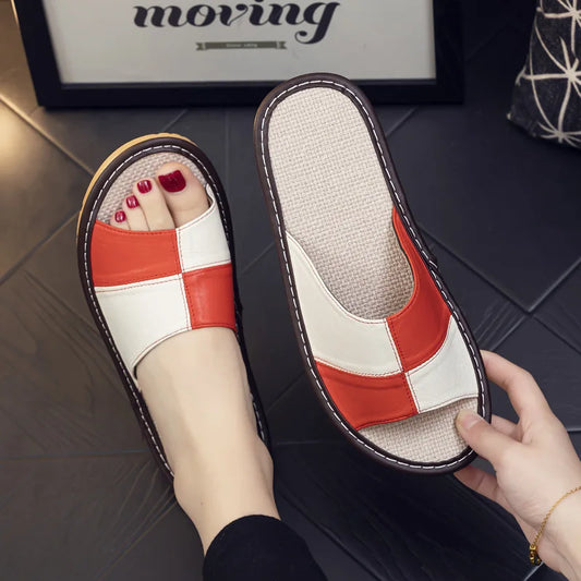 Orange White Light Luxury Genuine Leather Sheepskin Women's Slippers PVC Rubber Sole Non-Slip Summer Shoes Comfortable Soft Couple Sandals