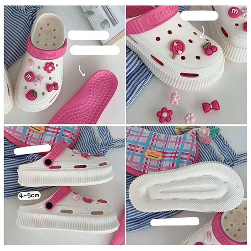 Trandafir Talpă groasă Gaura Pantofi Femei Vara Solid Cute Candy DIY Sandale și Papuci Creștere Anti Slip Pantofi de plajă Femei