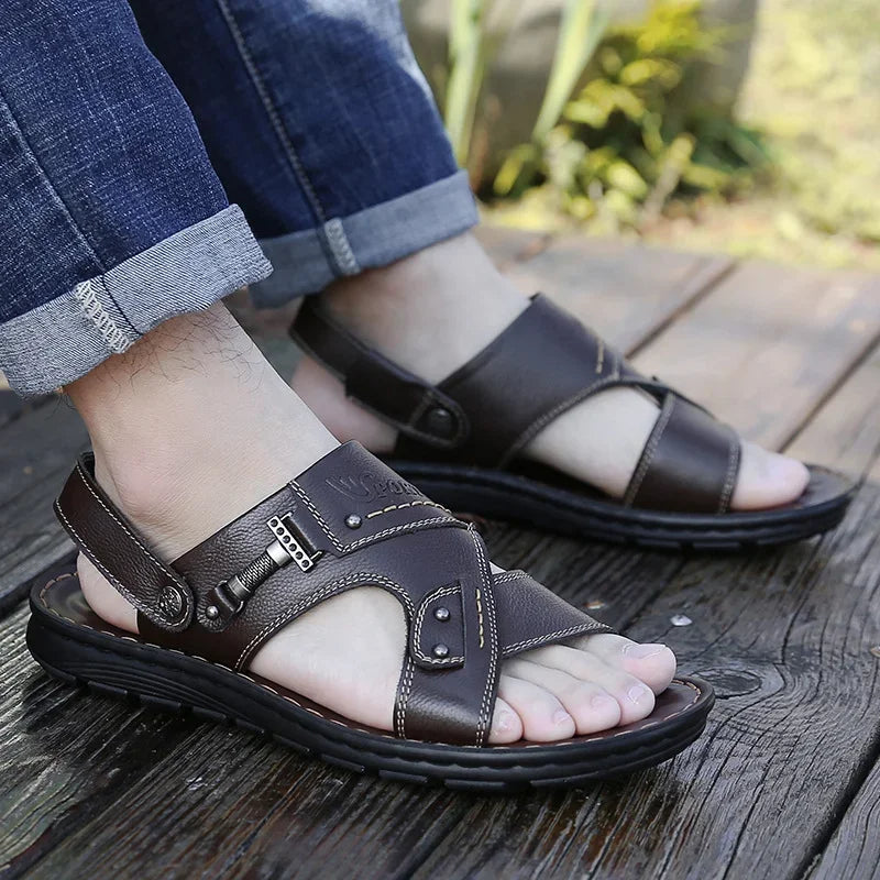 Black Sandals Venezia Men's Leather Sandals Adult Thick-soled Beach Shoes Non-slip Open-toe Leather Sandals