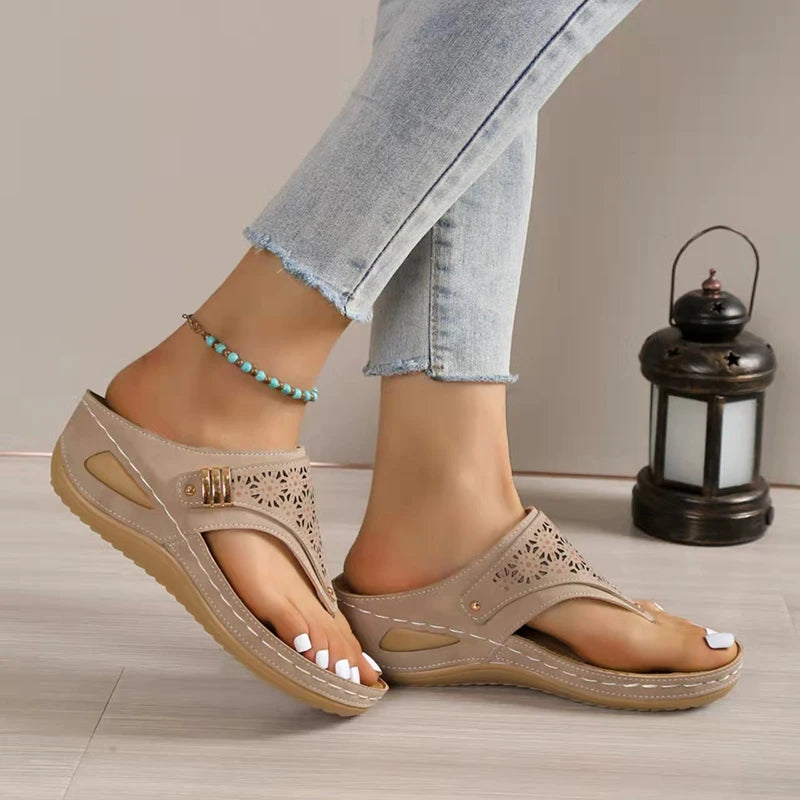 Grey Wedge Sandale Clip Toe Ortopedic Arch Support Sandale Femeie Pu Leather Non-Slip Soft Platform Flip Flops