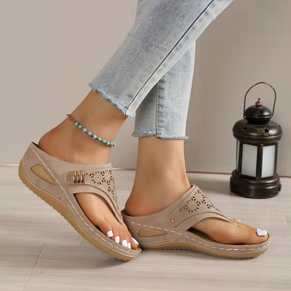 Light Brown Wedge Sandals Clip Toe Orthopedic Arch Support Sandals Woman Pu Leather Non-Slip Soft Platform Flip Flops