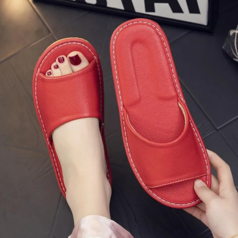 Rosy Red Papuci din piele de vacă veritabilă sandale cu vârf deschis femei casual pantofi Slides 