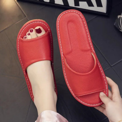 Rosy Red Genuine Cow Leather Slippers summer open toe sandals women casual Slides shoes