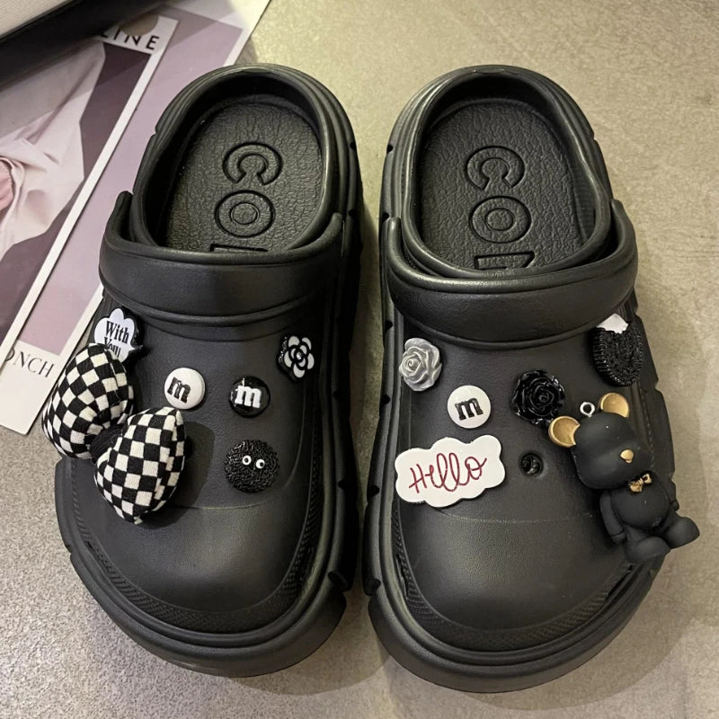 Black 'Bear' Fashion Charms Sandals Clog Shoes Outdoor Women Slippers Thick Sole High Quality Sandals