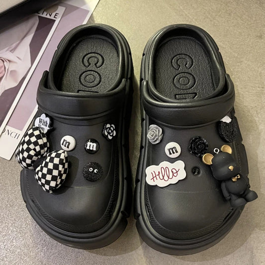 Black 'Hello' Fashion Charms Sandale Clog Pantofi în aer liber Femei Papuci Talpă groasă Sandale de înaltă calitate