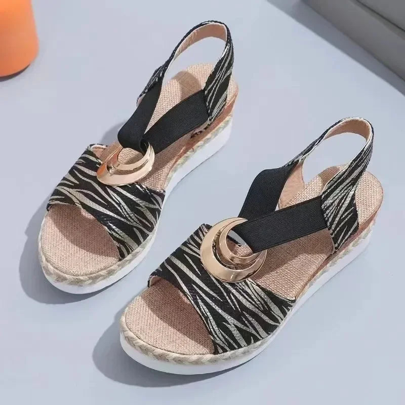 Beige Wedges Sandals Snake Print Platform Sandals Gladiator Shoes Woman Comfort Casual Med High Heels Sandals