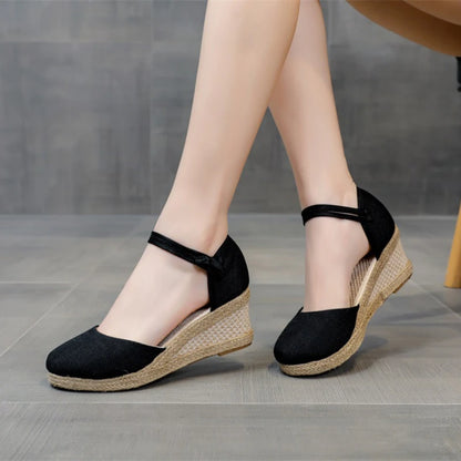 Black Heeled Sandals Women Wedges Espadrilles Summer Shoes Ladies Comfort Casual Closed Toe Sandal Pumps Heels Party Shoes Footwear