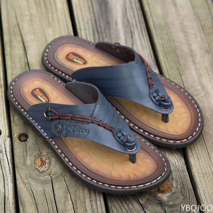 Khaki Handmade Leatherlook Slippers Trendy Fashion Men's Flip-flops Outdoor Breathable Comfortable Men and Simple Sandals