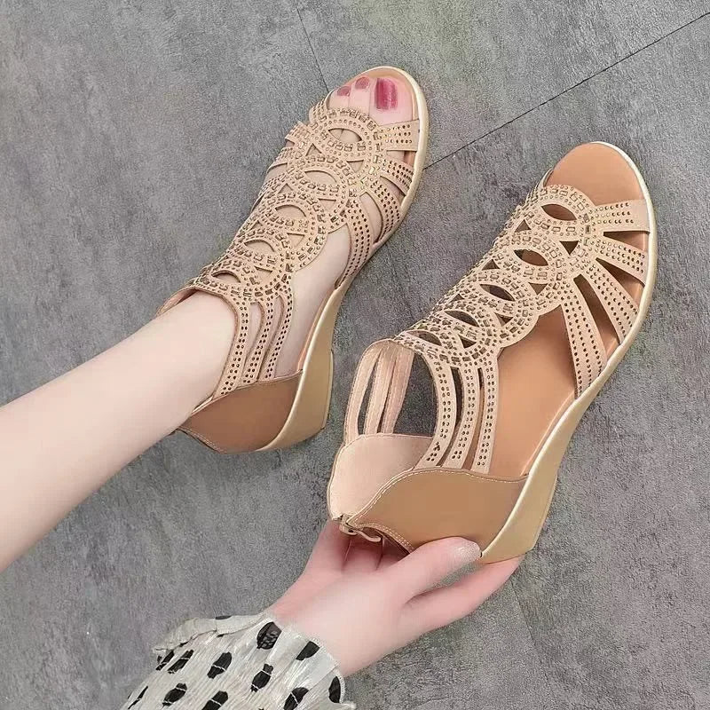 Sandale Beige Peep Toe Roma Strasuri Pantofi cu toc pentru femei Sandale casual cu pană în aer liber Pantofi pentru dama de birou