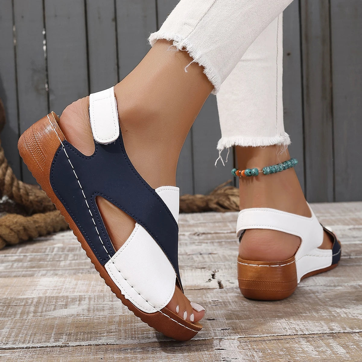 Black white Wedge Sandals for Women Comfortable Non Slip Beach Shoes Woman PU Leather Platform