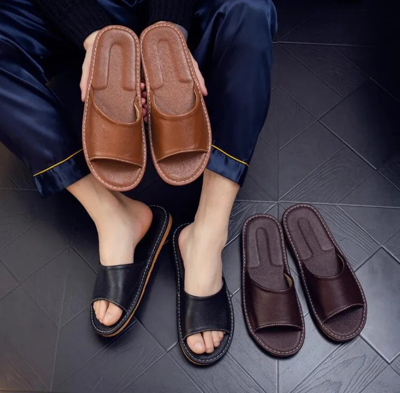 Grey Genuine Cow Leather Slippers summer open toe sandals men casual Slides shoes