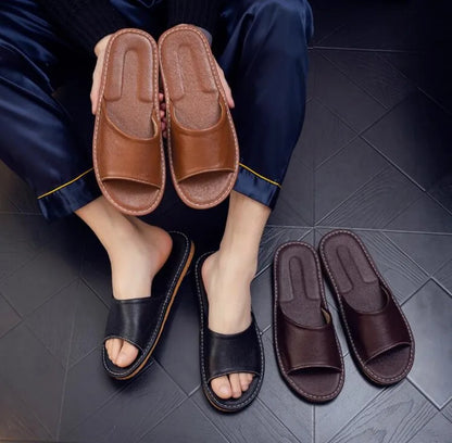 Papuci din piele naturală maro închis, sandale de vară cu vârf deschis, bărbați, pantofi casual Slides 