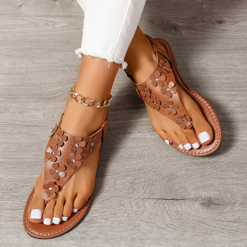 Brown Sandals Flat Casual Shoes Bead Slip on Sandals Flip-Flop Ladies Shoes for Women