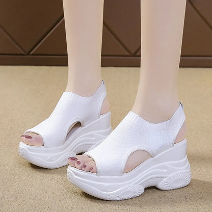 White Platform Sandals Wedge Heel Elastic Cloth Cover Foot Ladies Sandals Thick-soled Fashion Trifle Elevation Casual Shoes