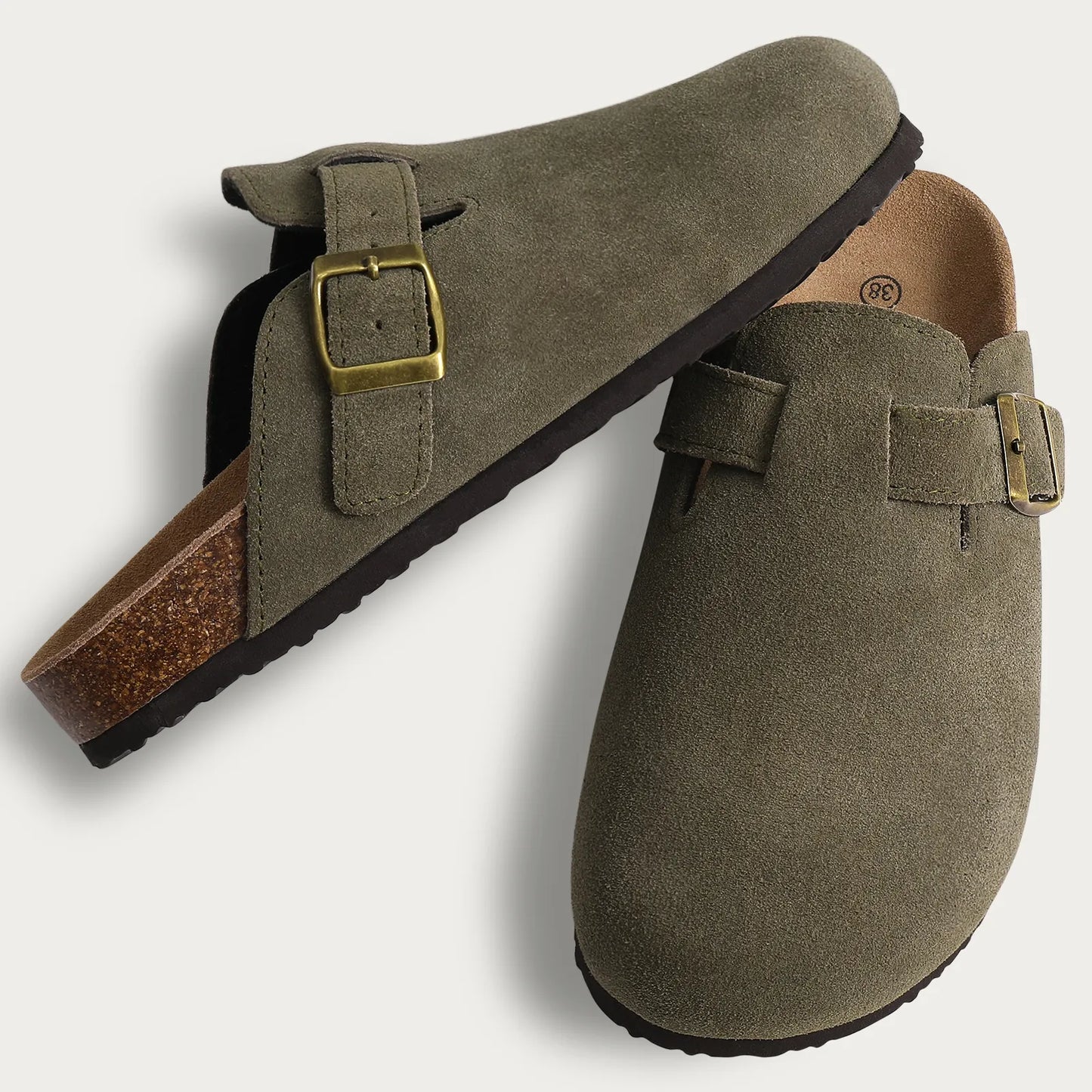 Green Suede Mules Slippers Clogs Cork Insole Sandals With Arch Support Outdoor Beach Slides Home Shoes