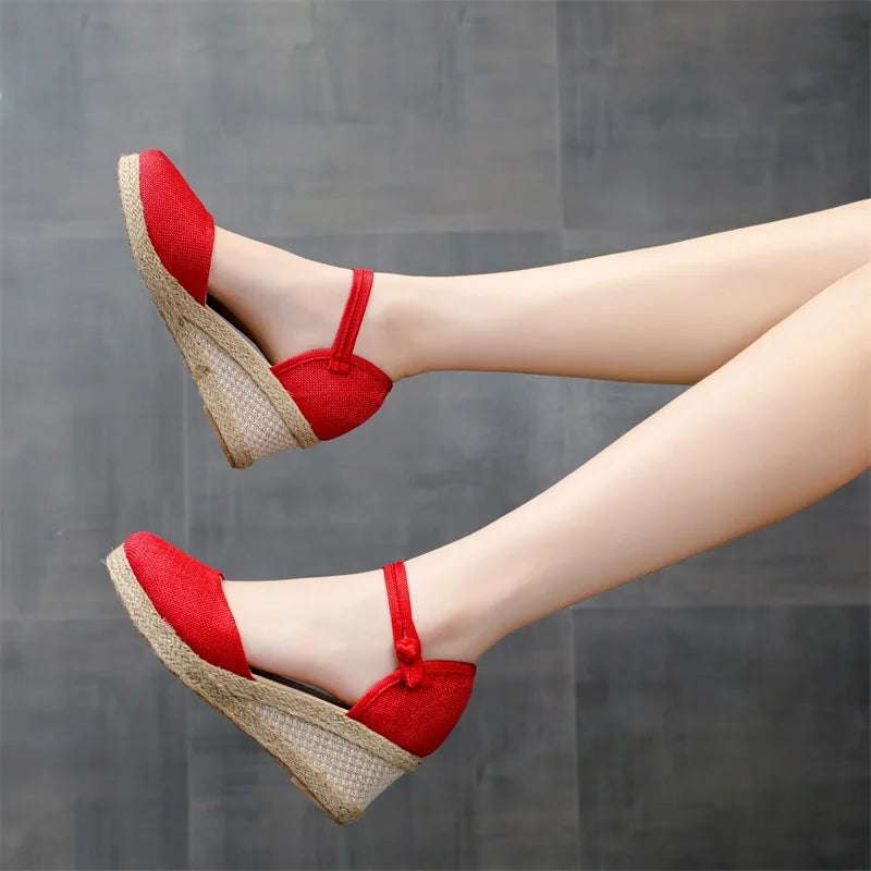 Red Heeled Sandals Women Wedges Espadrilles Summer Shoes Ladies Comfort Casual Closed Toe Sandal Pumps Heels Party Shoes Footwear