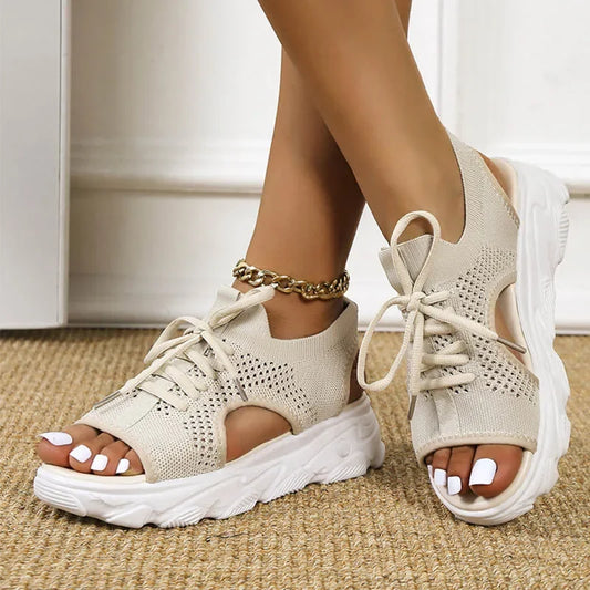 Beige Sandals Summer Shoes for Women Trend Lace-up Platform Sandals Open Toe Beach Casual Heeled Sandals