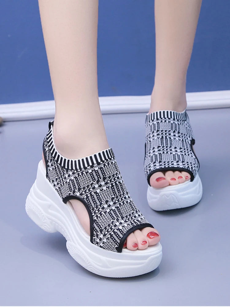 White Platform Sandals Wedge Heel Elastic Cloth Cover Foot Ladies Sandals Thick-soled Fashion Trifle Elevation Casual Shoes