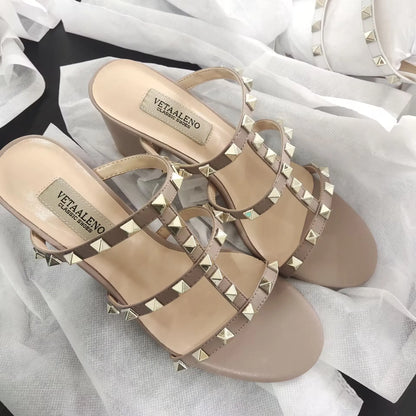 White Rivets Strappy Luxury Designer Women Elegant Slide Sandals Block High Heel Shoe