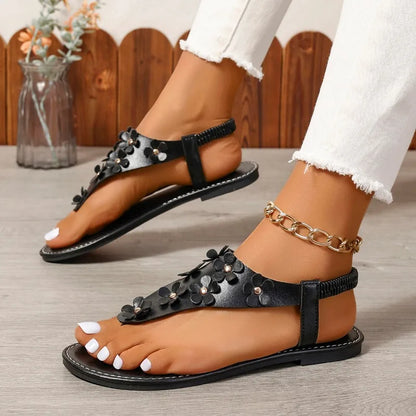 Brown Sandals Flat Casual Shoes Bead Slip on Sandals Flip-Flop Ladies Shoes for Women