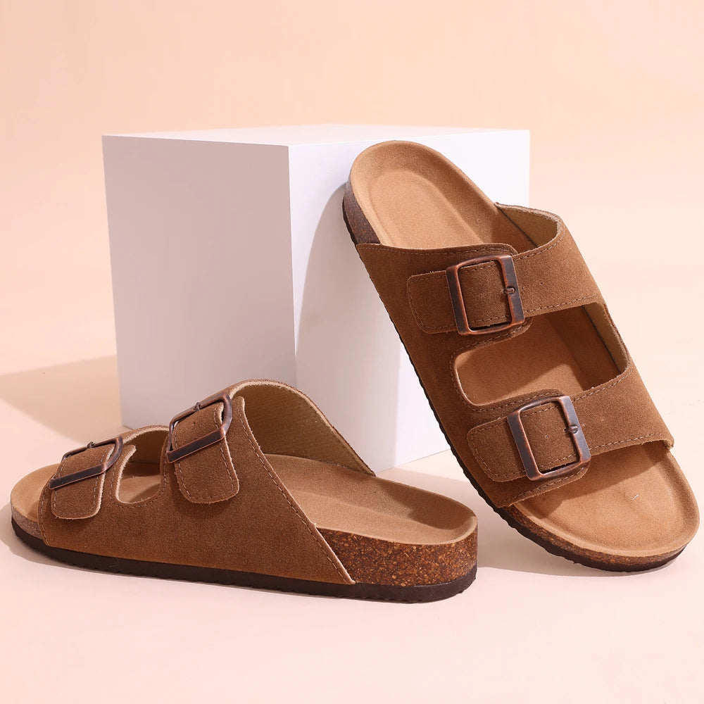 Brown Flat Leather Cork Slippers Summer Arch Support House Slippers Classic Beach Slippers