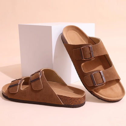 Brown Flat Leather Cork Slippers Summer Arch Support House Slippers Classic Beach Slippers