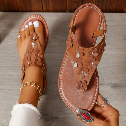 Brown Sandals Flat Casual Shoes Bead Slip on Sandals Flip-Flop Ladies Shoes for Women