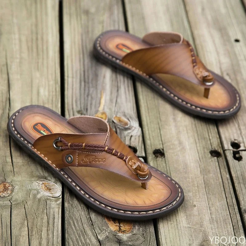 Khaki Handmade Leatherlook Slippers Trendy Fashion Men's Flip-flops Outdoor Breathable Comfortable Men and Simple Sandals