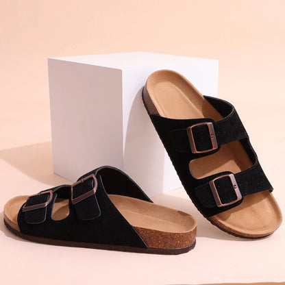 Brown Flat Leather Cork Slippers Summer Arch Support House Slippers Classic Beach Slippers