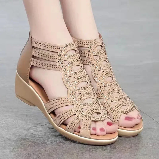 Beige Peep Toe Sandals Rome Rhinestones Heeled Shoes for Women Outdoor Casual Wedge Sandals Office Ladies Shoes