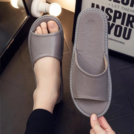 Grey Genuine Cow Leather Slippers summer open toe sandals men casual Slides shoes