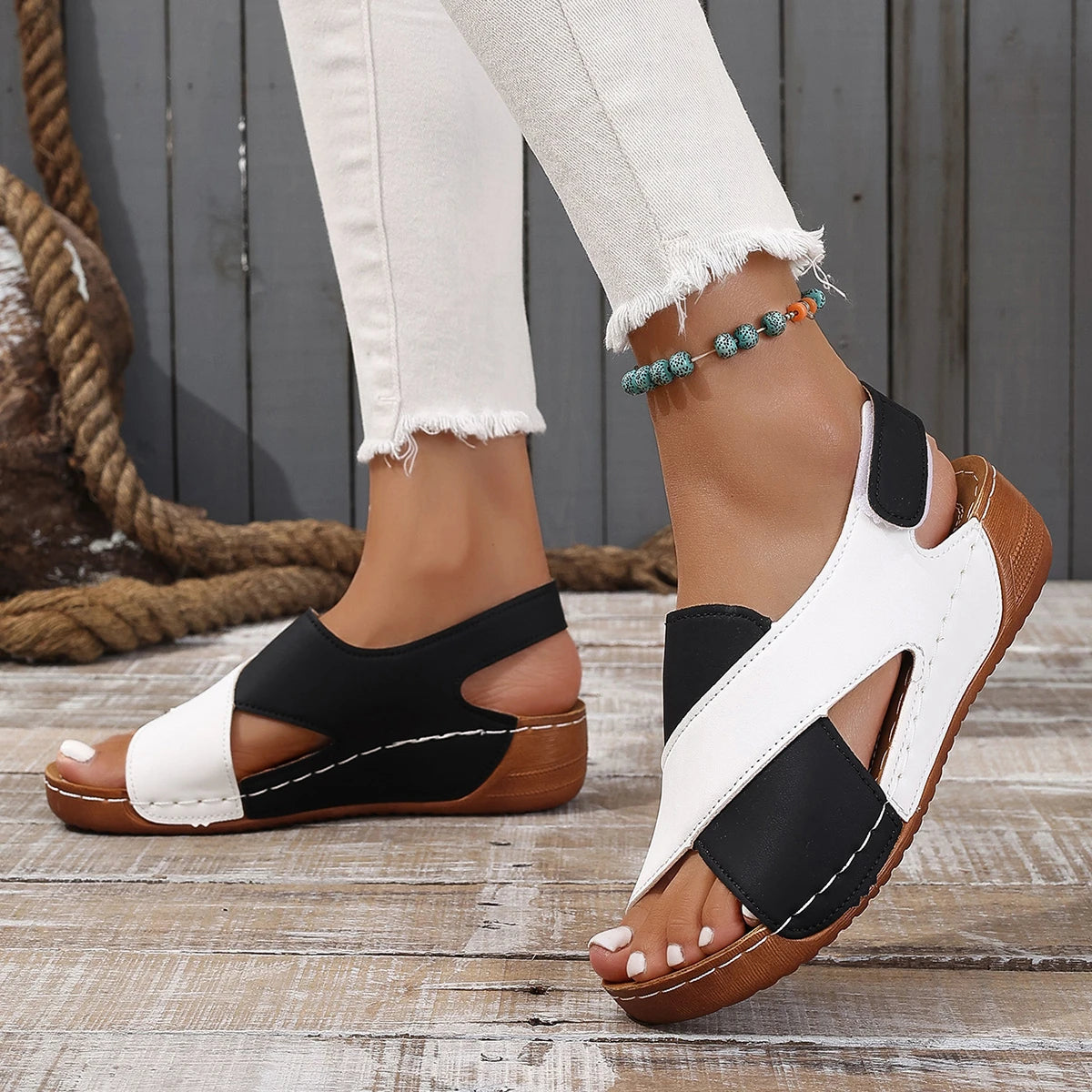 Black white Wedge Sandals for Women Comfortable Non Slip Beach Shoes Woman PU Leather Platform