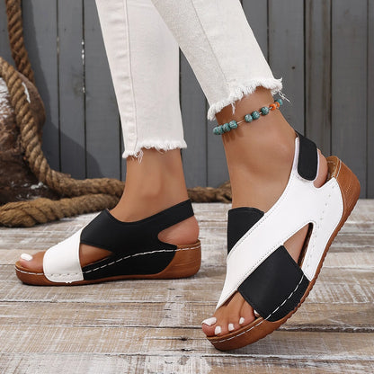 Black white Wedge Sandals for Women Comfortable Non Slip Beach Shoes Woman PU Leather Platform