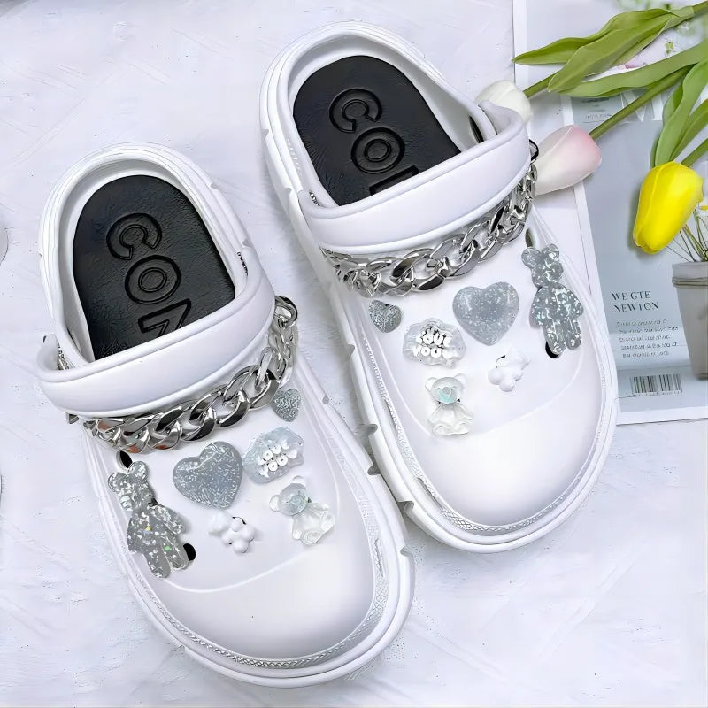 White 'Love You' Fashion Charms Sandals Clog Shoes Outdoor Women Slippers Thick Sole High Quality Sandals