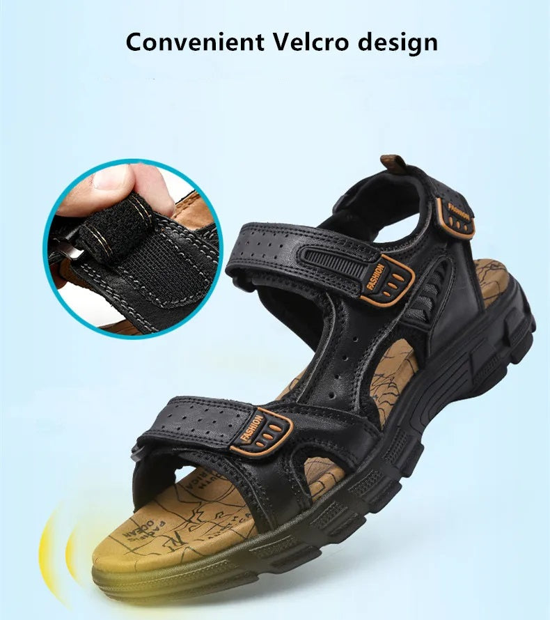 Black Sandals Genuine Leather Outdoor Non-slip Men's Beach Sandals Handmade Genuine Leather Men's Shoes