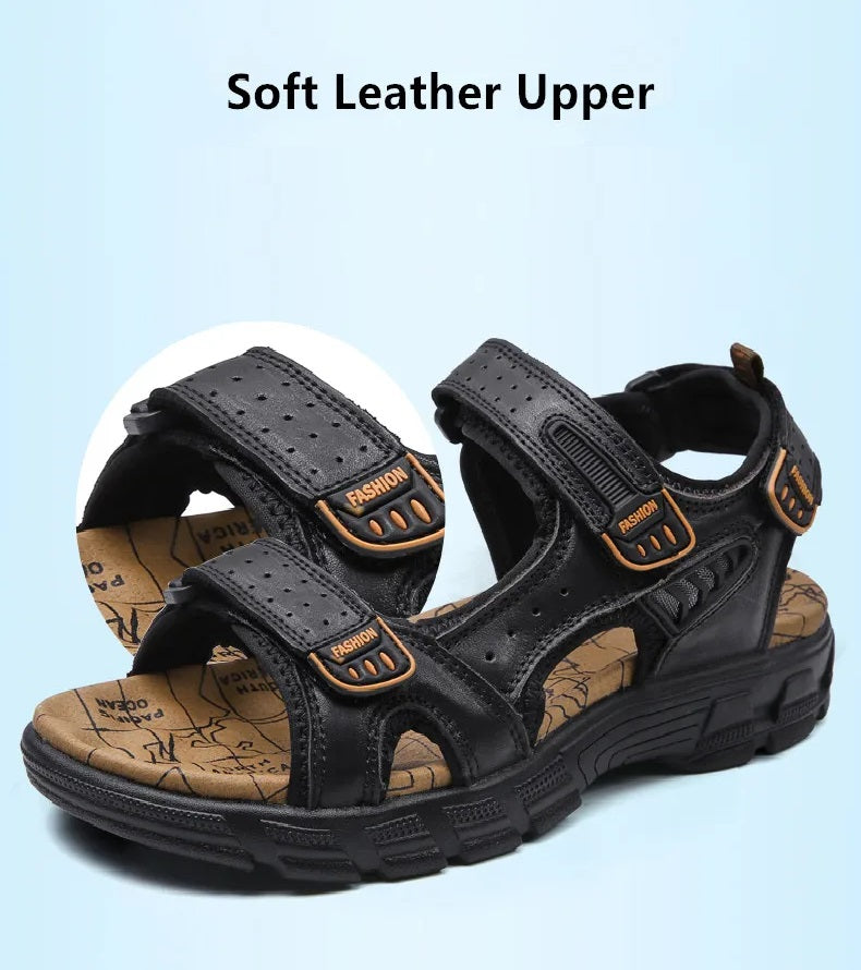 Black Sandals Genuine Leather Outdoor Non-slip Men's Beach Sandals Handmade Genuine Leather Men's Shoes