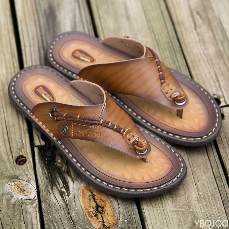 Khaki Handmade Leatherlook Slippers Trendy Fashion Men's Flip-flops Outdoor Breathable Comfortable Men and Simple Sandals