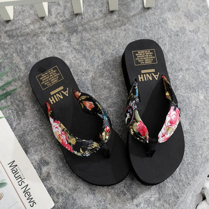 Papuci Negru Floral Panglică Boemă Satin Femei Flip-flop Plajă Simplu Timp Liber Pantofi Damă Sandal