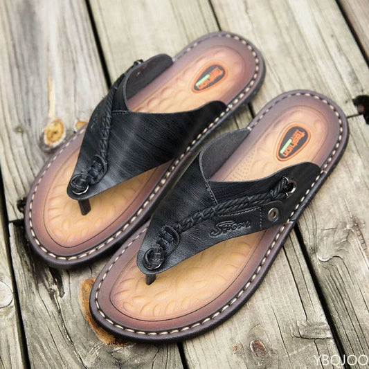 Black Handmade Leatherlook Slippers Trendy Fashion Men's Flip-flops Outdoor Breathable Comfortable Men and Simple Sandals