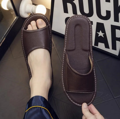 Grey Genuine Cow Leather Slippers summer open toe sandals men casual Slides shoes