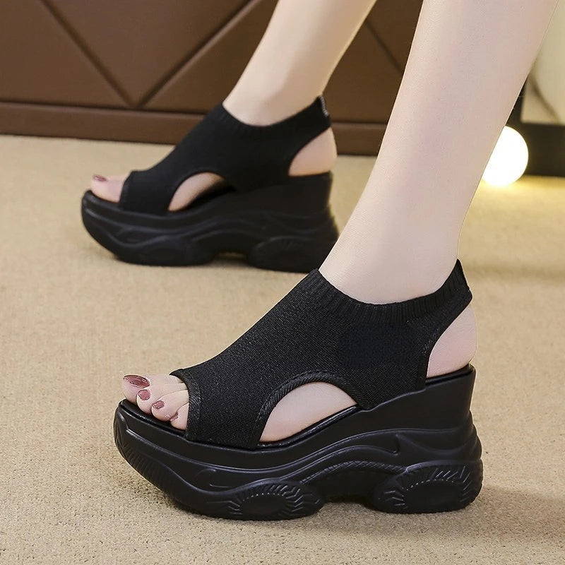 White Platform Sandals Wedge Heel Elastic Cloth Cover Foot Ladies Sandals Thick-soled Fashion Trifle Elevation Casual Shoes