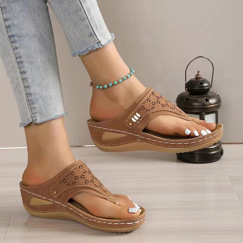 Light Brown Wedge Sandals Clip Toe Orthopedic Arch Support Sandals Woman Pu Leather Non-Slip Soft Platform Flip Flops