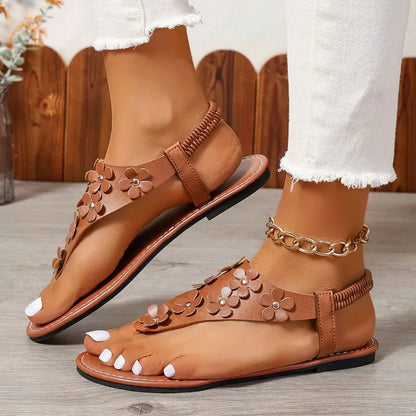 Brown Sandals Flat Casual Shoes Bead Slip on Sandals Flip-Flop Ladies Shoes for Women