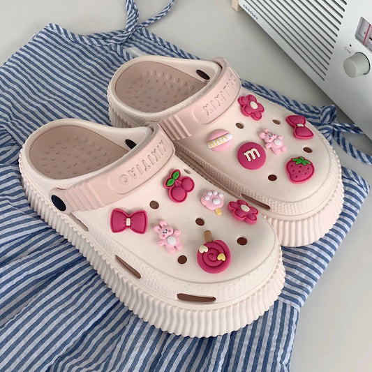 Roz Talpă groasă Gaura Pantofi Femei Vara Solid Cute Candy DIY Sandale și Papuci Creștere Anti Slip Pantofi de plajă Femei