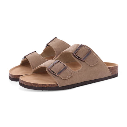 Brown Flat Leather Cork Slippers Summer Arch Support House Slippers Classic Beach Slippers