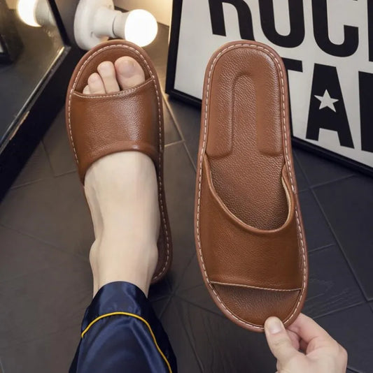 Brown Genuine Cow Leather Slippers summer open toe sandals men casual Slides shoes