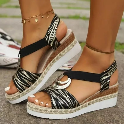 Beige Wedges Sandals Snake Print Platform Sandals Gladiator Shoes Woman Comfort Casual Med High Heels Sandals