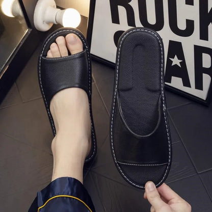 Grey Genuine Cow Leather Slippers summer open toe sandals men casual Slides shoes